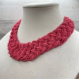 Beautiful Pink Braided Seed Bead Bib Statement Gold Tone Necklace